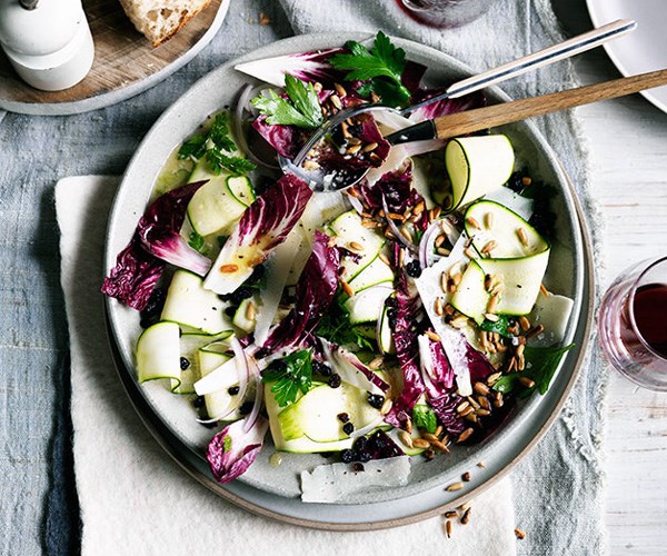 **[E'cco's zucchini salad with pecorino, currants, sunflower seeds and lemon](https://www.gourmettraveller.com.au/recipes/chefs-recipes/zucchini-salad-with-pecorino-currants-sunflower-seeds-and-lemon-9223|target="_blank"|rel="nofollow")**