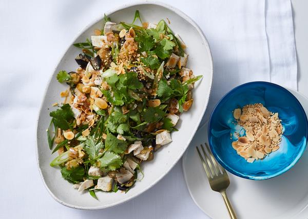 Shane Delia's poached chicken salad with harissa, eggplant, spring onion and tahini