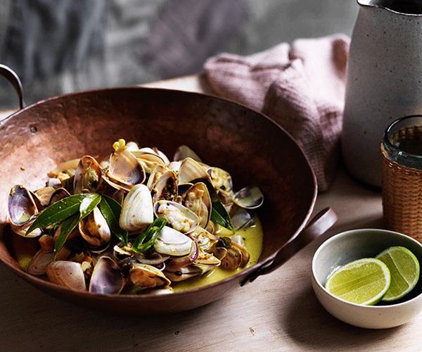O Tama Carey's pipis with bay leaves and gentle curry sauce recipe