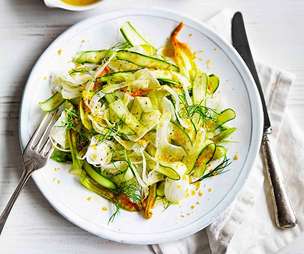 **[Zucchini flower, asparagus and fennel salad](https://www.gourmettraveller.com.au/recipes/browse-all/zucchini-flower-asparagus-and-fennel-salad-11601|target="_blank"|rel="nofollow")**