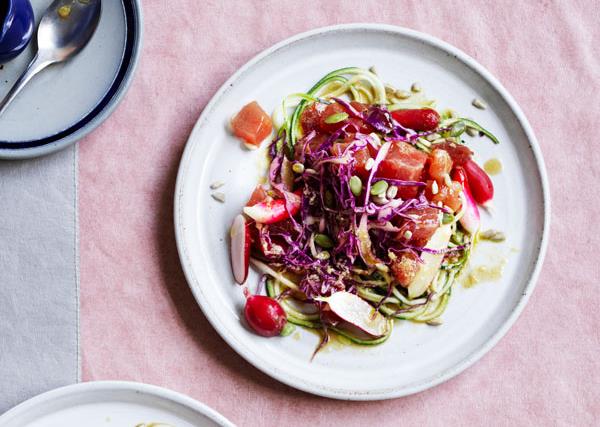 Tuna salad with zucchini, radish and sesame dressing