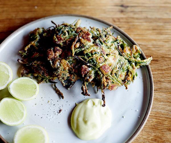 [**Zucchini and haloumi fritters with lemon mayonnaise**](https://www.gourmettraveller.com.au/recipes/chefs-recipes/zucchini-and-haloumi-fritters-with-lemon-mayonnaise-8018|target="_blank")
