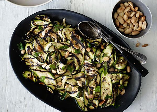 Char-grilled zucchini with mint and almonds