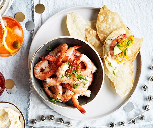 [**Prawn tostadas with corn relish and chipotle crème fraiche**](https://www.gourmettraveller.com.au/recipes/browse-all/prawn-tostadas-with-corn-relish-and-chipotle-creme-fraiche-12665|target="_blank"|rel="nofollow")

A combination of fresh prawns and chipotle chillies whipped into a smoky crème Fraiche, these tostadas don't disappoint. Great with Christmas ham or served alongside a summer barbecue, it's an ideal summer snack or starter.