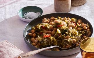 Braised broccoli with butter beans, chickpeas and chilli