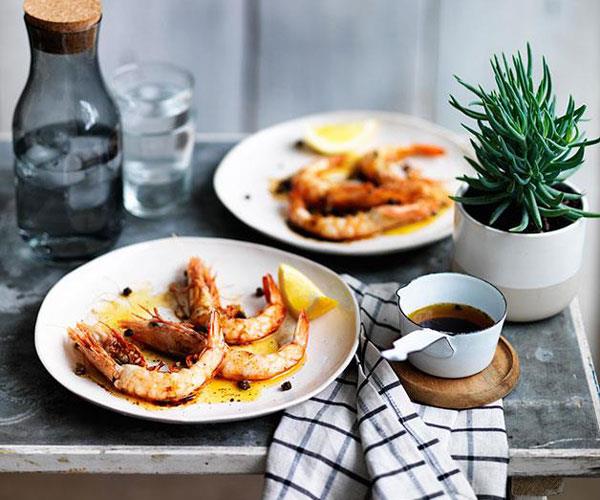 Barbecued prawns with brown butter and tamari