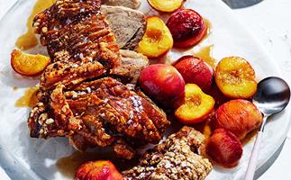 Roasted pork with the best crackling and roasted nectarines