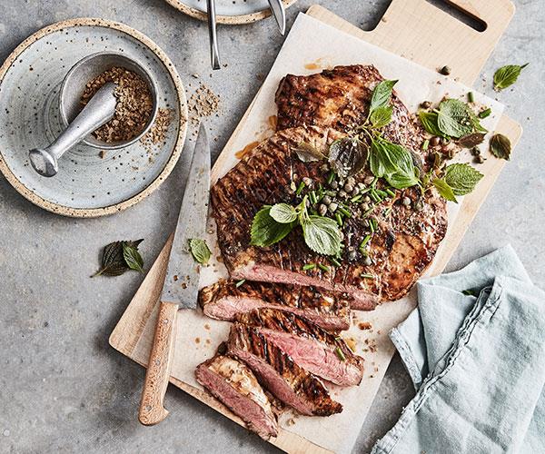 **[Mike McEnearney's flank steak with rosemary, capers and Sichuan pepper](https://www.gourmettraveller.com.au/recipes/fast-recipes/flank-steak-rosemary-18049|target="_blank")**