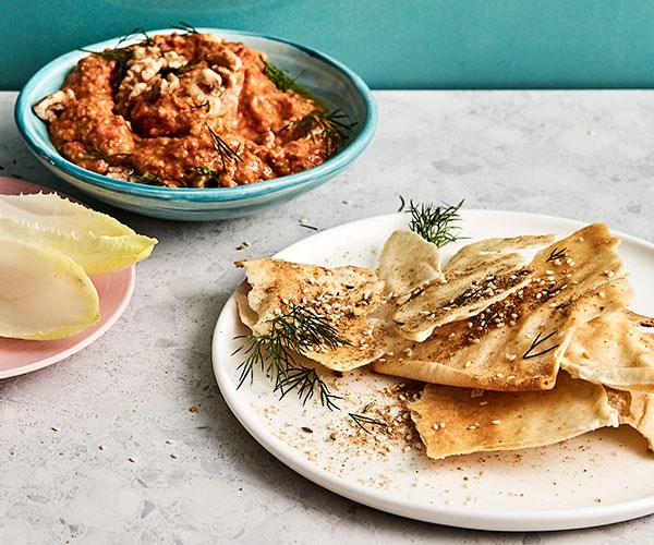 **[Smoky eggplant and capsicum dip with pita bread](https://www.gourmettraveller.com.au/recipes/fast-recipes/eggplant-capsicum-dip-18057|target="_blank")**