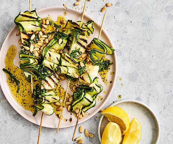 **[Zucchini and haloumi skewers with mint dressing](https://www.gourmettraveller.com.au/recipes/fast-recipes/zucchini-haloumi-skewers-18058|target="_blank")**