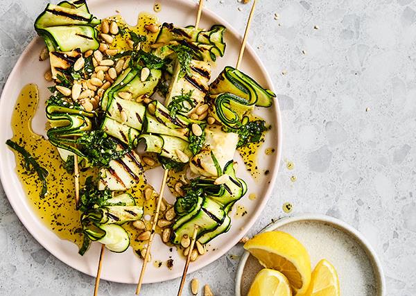 Zucchini and haloumi skewers with mint dressing