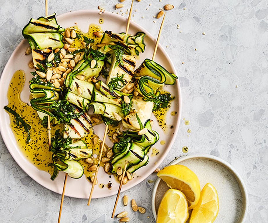 **[Zucchini and haloumi skewers with mint dressing](https://www.gourmettraveller.com.au/recipes/fast-recipes/zucchini-haloumi-skewers-18058|target="_blank"|rel="nofollow")**