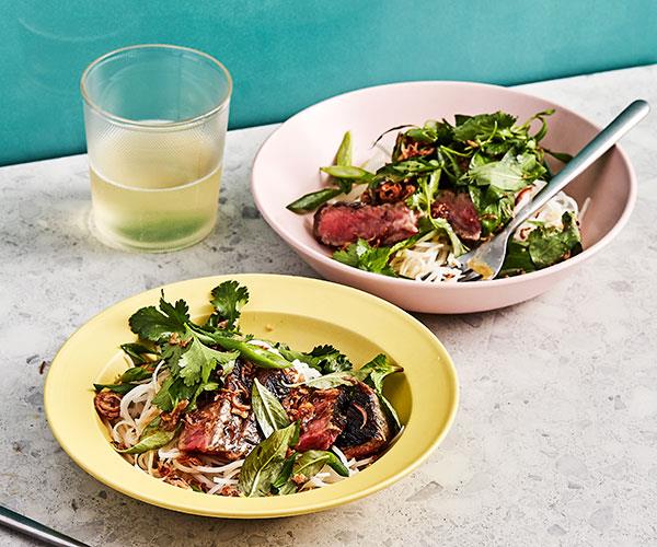 Rice noodle salad with grilled steak, lime and Vietnamese mint