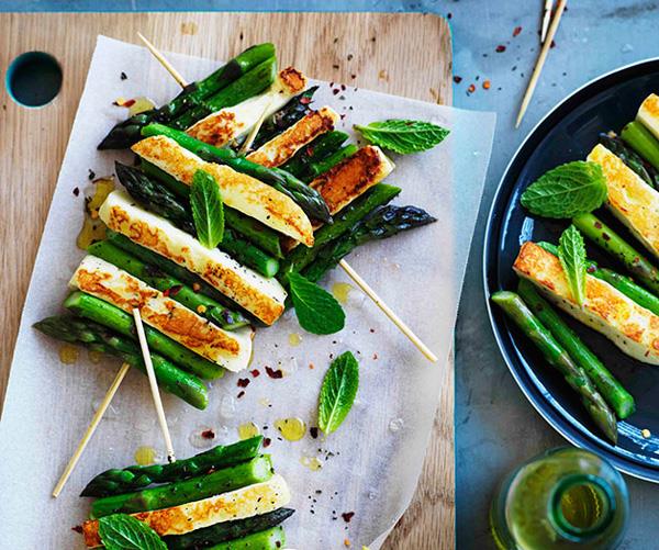 [**Char-grilled asparagus and haloumi with mint and lemon**](https://www.gourmettraveller.com.au/recipes/browse-all/char-grilled-asparagus-and-haloumi-with-mint-and-lemon-11121|target="_blank")
