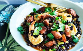 Prawns with black beans, chorizo and chipotle