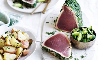 Seared tuna with dill cucumbers and potato salad