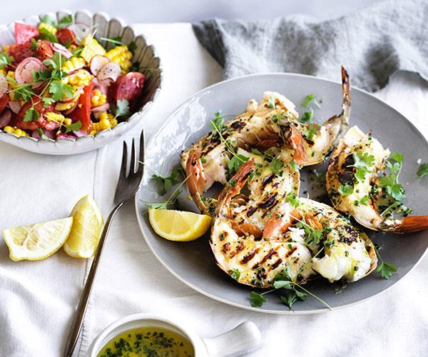 Barbecued lobster tails with lemon drawn butter and corn-radish salad