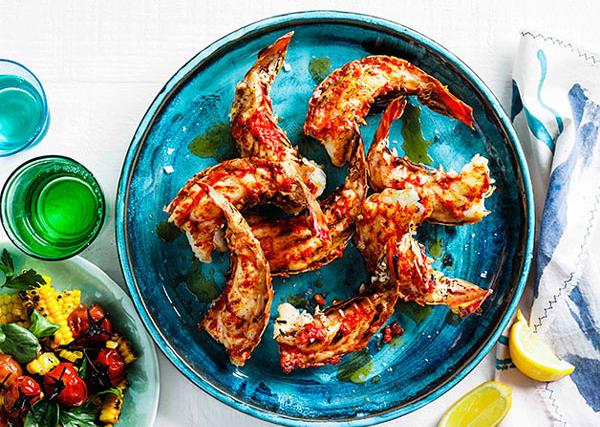 Grilled lobster tails with roast chilli butter and corn salad