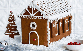 A .gif video showing a gingerbread house being constructed and iced.