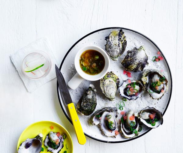 Barbecued oysters with finger-lime mignonette