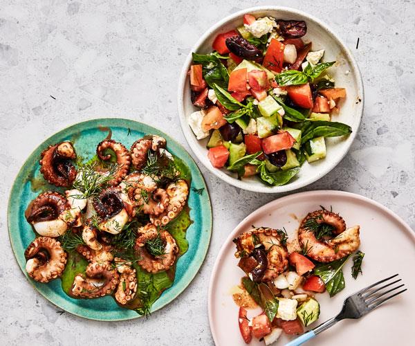 **[Grilled octopus with heirloom tomatoes and dill](https://www.gourmettraveller.com.au/recipes/fast-recipes/grilled-octopus-tomatoes-dill-18063|target="_blank")**