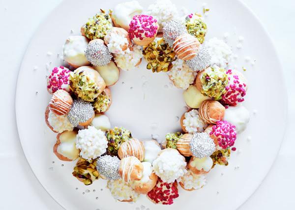 Lauren Eldridge's white chocolate and pistachio profiterole wreath
