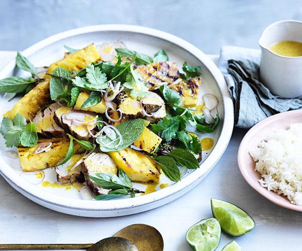 **[Grilled pork with pineapple and curry vinaigrette](https://www.gourmettraveller.com.au/recipes/fast-recipes/grilled-pork-with-pineapple-and-curry-vinaigrette-13879|target="_blank")**