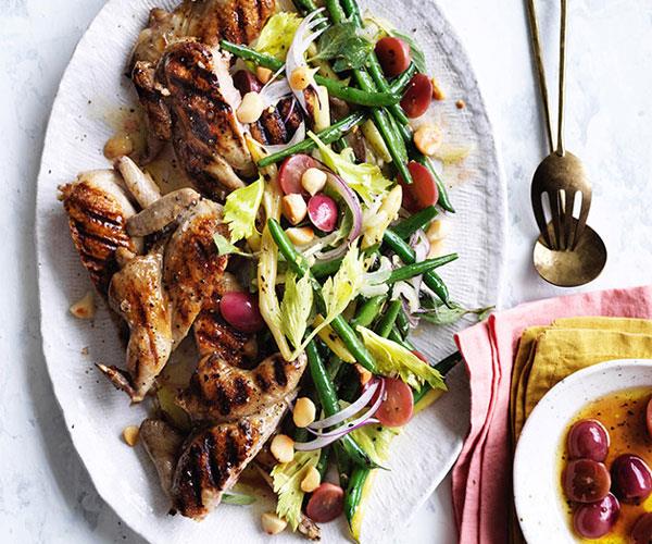 Barbecued quail with grapes, beans and macadamia nuts
