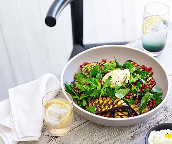 [**Barbecued eggplant salad with goat's curd, mint and pomegranate**](https://www.gourmettraveller.com.au/recipes/chefs-recipes/barbecued-eggplant-salad-with-goats-curd-mint-and-pomegranate-9160|target="_blank")
