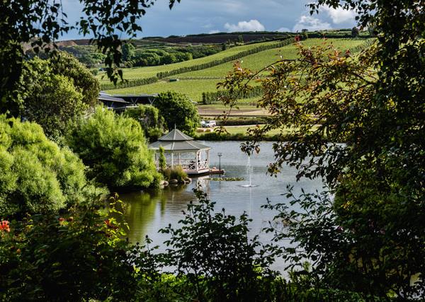 The gardens and lake at Josef Chromy Wines.