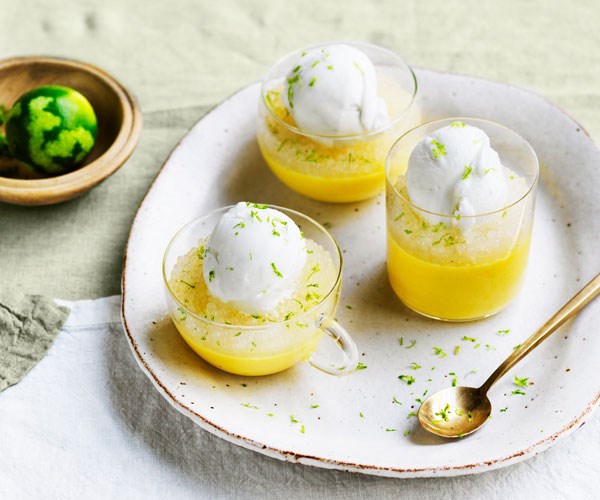 **[Louis Tikaram's mango pudding with lime tapioca and coconut ice-cream](https://www.gourmettraveller.com.au/recipes/chefs-recipes/mango-pudding-18202|target="_blank"|rel="nofollow")**