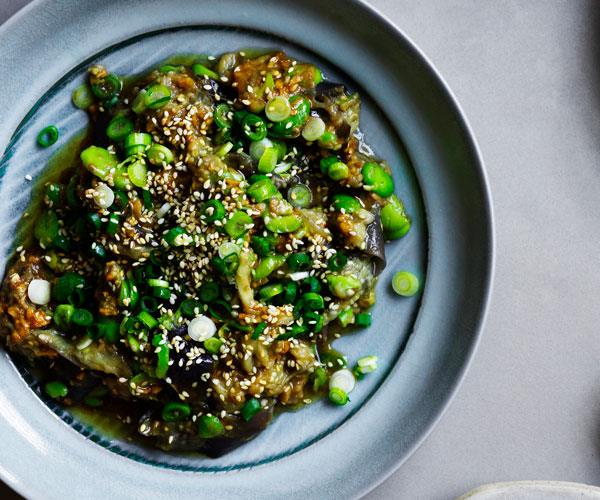 Eggplant and broad beans with soy-sesame dressing