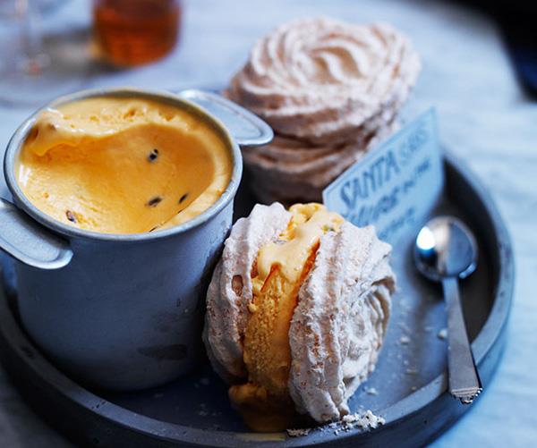 Toasted coconut meringue sandwiches with passionfruit ice-cream