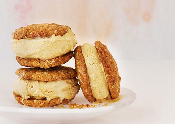 Anzac and golden syrup ice-cream sandwiches