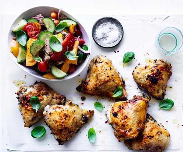 **[Roast chicken thighs with sourdough panzanella](https://www.gourmettraveller.com.au/recipes/fast-recipes/roast-chicken-thighs-with-sourdough-panzanella-13862|target="_blank")**
