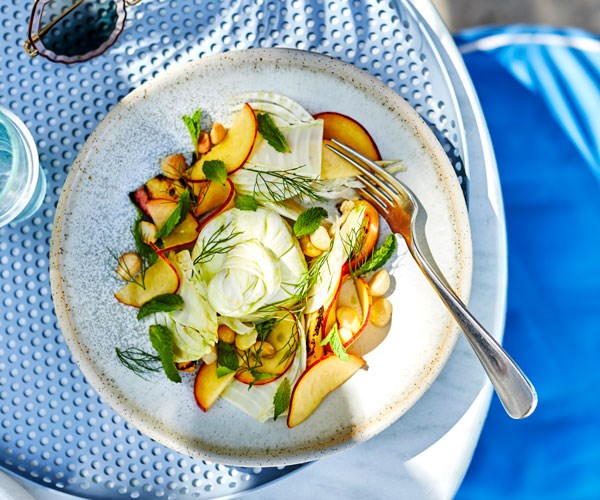 **[Jason Saxby's burrata with peach, fennel, macadamia, mint and lemon myrtle oil](https://www.gourmettraveller.com.au/recipes/chefs-recipes/burrata-with-peach-and-fennel-18264|target="_blank"|rel="nofollow")**