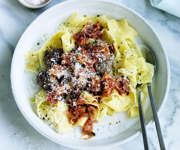 **[Polpetti with roasted tomato sauce and pappardelle](https://www.gourmettraveller.com.au/recipes/fast-recipes/polpetti-with-roasted-tomato-sauce-and-pappardelle-13752|target="_blank")**