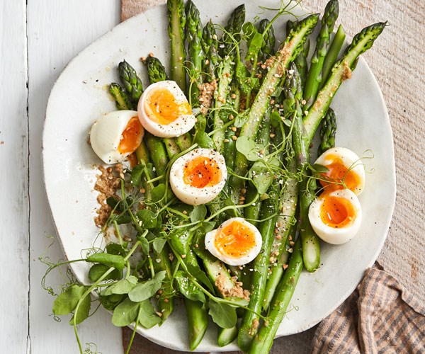 **[Asparagus and eggs with miso dressing](https://www.gourmettraveller.com.au/recipes/fast-recipes/asparagus-eggs-miso-18321|target="_blank"|rel="nofollow")**