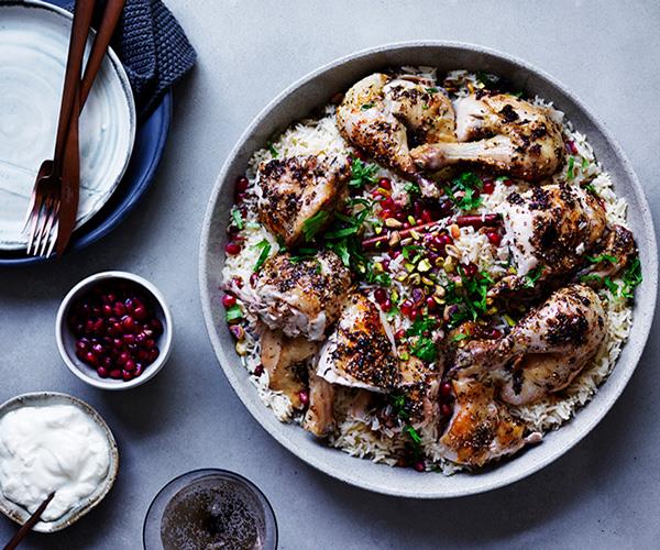 Za’atar roast chicken with pilaf, pomegranate and nuts