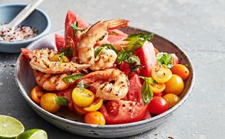 Mike McEnearney's grilled prawn, watermelon and tomato salad
