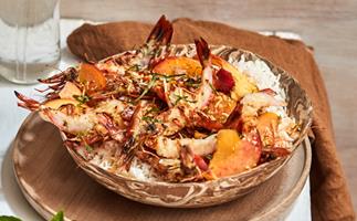 Grilled prawns with coconut rice and peach sambal
