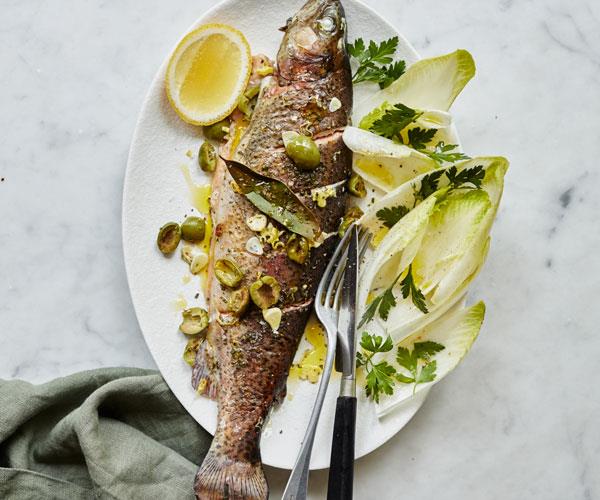 **[Giovanni Pilu's trout with white wine and rosemary](https://www.gourmettraveller.com.au/recipes/fast-recipes/roast-trout-white-wine-18384|target="_blank")**