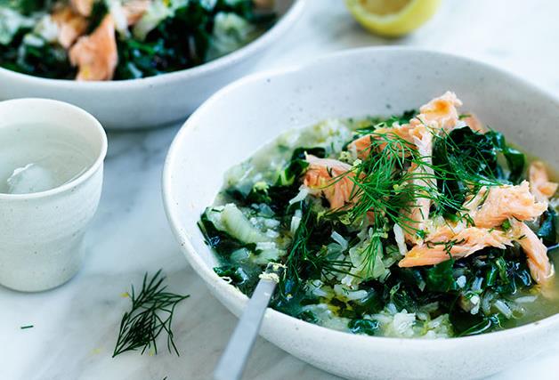 Silverbeet soup with rice, lemon and smoked trout
