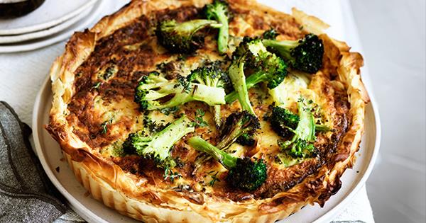 Roast broccoli and cheddar filo tart recipe | Gourmet Traveller