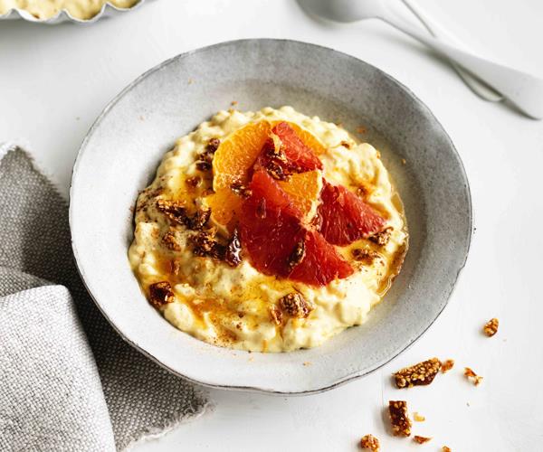 Honey and saffron rice pudding with sesame brittle
