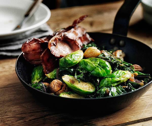 [**Sautéed Brussels sprouts with curly kale, bacon and chestnuts**](https://www.gourmettraveller.com.au/recipes/browse-all/sauteed-brussels-sprouts-with-curly-kale-bacon-and-chestnuts-11700|target="_blank")