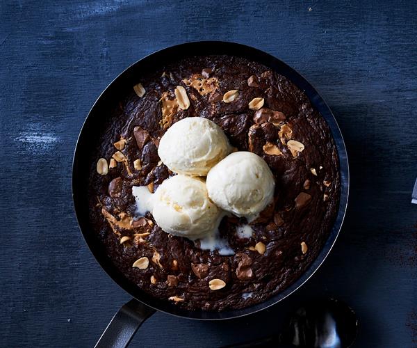 Warm chocolate and peanut butter skillet brownie recipe