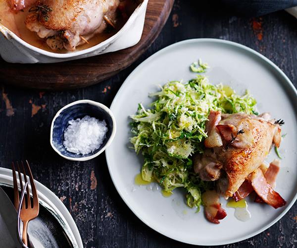 Thyme and garlic roast chicken with Brussels sprouts slaw