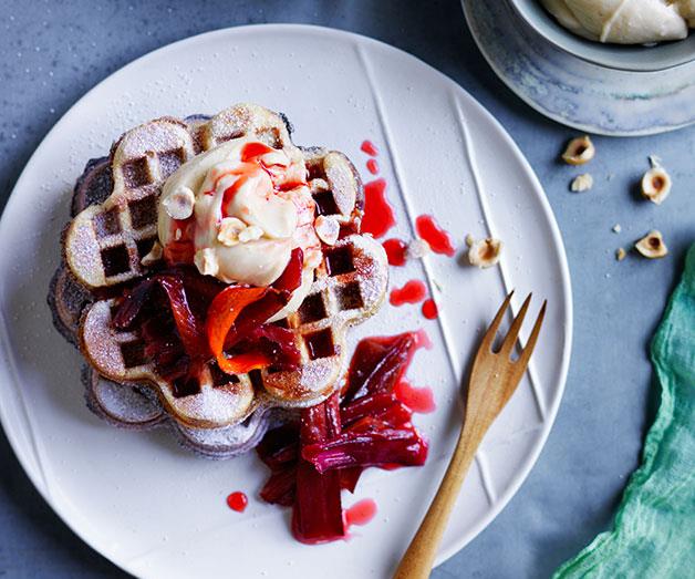 **[Rhubarb and custard brown sugar waffles](https://www.gourmettraveller.com.au/recipes/browse-all/rhubarb-and-custard-brown-sugar-waffles-12052|target="_blank")**