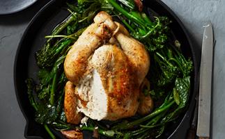 Roast chicken with anchovy butter and greens